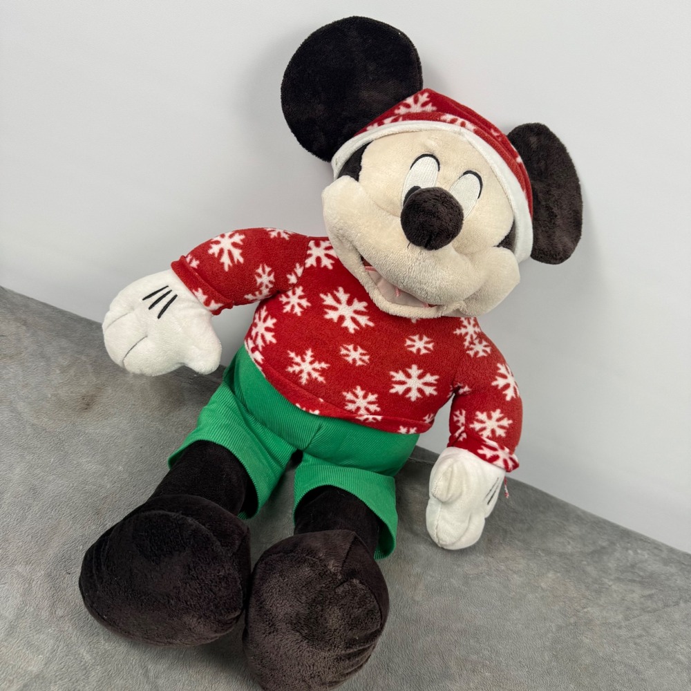 Disney Mickey Mouse Plush Holiday Christmas Large Red Green Snowflake